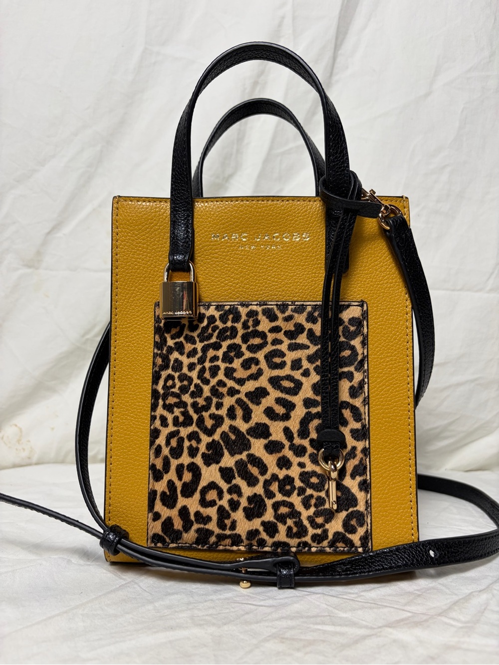 MARC JACOBS Micro Grind Tote Crossbody Bag Leopard Calf Hair Mustard Leather